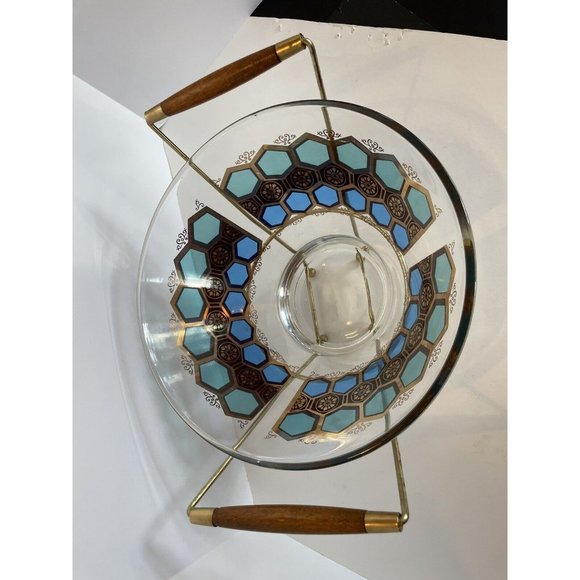 MCM Glass Salad Bowl With Wood & Metal Stand Aqua Blue & Gold Trim - Picture 3 of 12